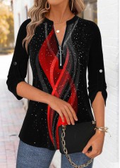 Black Tummy Coverage Ombre 3/4 Sleeve Split Neck Blouse