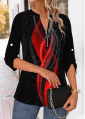Black Tummy Coverage Ombre 3/4 Sleeve Split Neck Blouse | thumb picture 