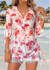 Red Tummy Coverage Floral Print 3/4 Sleeve Shirt
