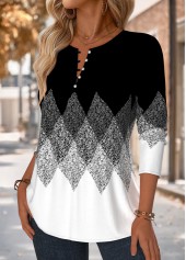 Black Tuck Stitch Geometric Print Long Sleeve Blouse | thumb picture 