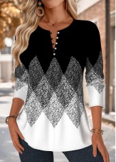 Black Tuck Stitch Geometric Print Long Sleeve Blouse