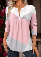 Light Pink Tuck Stitch Geometric Print Long Sleeve Blouse