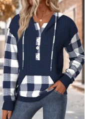 Navy Tummy Coverage Plaid Long Sleeve Hoodie