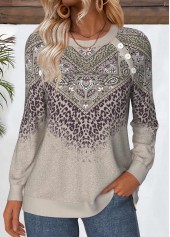 Gray Brown Tummy Coverage Tribal Print Long Sleeve Sweatshirt