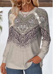 Gray Brown Tummy Coverage Tribal Print Long Sleeve Sweatshirt | thumb picture 
