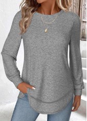 Grey Curved Hem Long Sleeve T Shirt