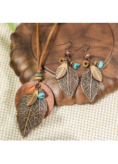 Dark Coffee Leaf Alloy Earrings and Necklace