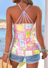 Pink Tummy Coverage Tropical Plants Print Strappy Camisole Top