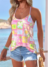Pink Tummy Coverage Tropical Plants Print Strappy Camisole Top | thumb picture 