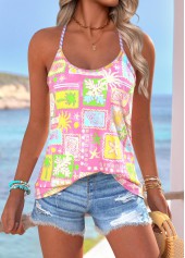 Pink Tummy Coverage Tropical Plants Print Strappy Camisole Top | thumb picture 