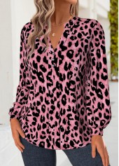 Pink Tummy Coverage Leopard Long Sleeve Split Neck Blouse | thumb picture 