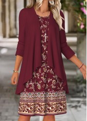 Wine Red Tummy Coverage Floral Print Dress and Cardigan