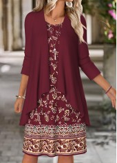 Wine Red Tummy Coverage Floral Print Dress and Cardigan | thumb picture 