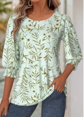 Light Green Tummy Coverage Leaf Print 3/4 Sleeve Blouse