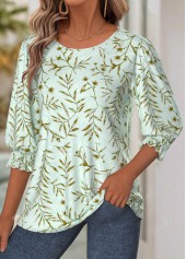 Light Green Tummy Coverage Leaf Print 3/4 Sleeve Blouse | thumb picture 