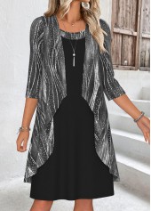 Black Tummy Coverage Geometric Print Dress and Cardigan