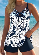 Bowknot Mid Waisted Floral Print Navy Tankini Set