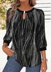 Black Tummy Coverage Ombre 3/4 Sleeve Round Neck Blouse