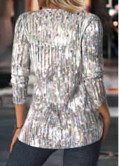 Silvery White Tuck Stitch Dazzle Colorful Print Blouse | thumb picture 