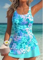 Tummy Control Floral Print Cyan One Piece Swimdress