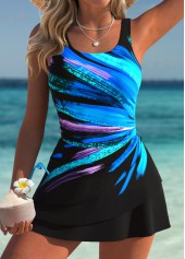 Tummy Coverage Dazzle Colorful Print Black One Piece Swimdress