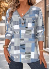 Dusty Blue Tummy Coverage Geometric Print Long Sleeve Sweatshirt