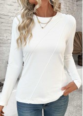 White Tuck Stitch Long Sleeve Round Neck T Shirt