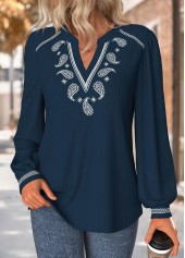 Navy Tummy Coverage Paisley Print Long Sleeve Blouse | thumb picture 