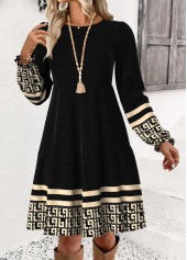 Black Geometric Print Short Long Sleeve Round Neck Dress