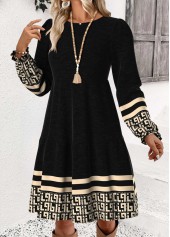 Black Geometric Print Short Long Sleeve Round Neck Dress | thumb picture 