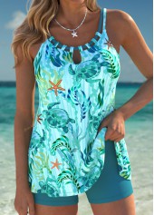 Plus Size Mid Waisted Tummy Coverage Cyan Tankini Set