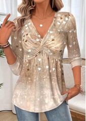 Light Camel Patchwork Heart Print Long Sleeve T Shirt