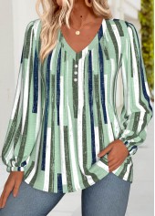 Green Curved Hem Geometric Print Long Sleeve Blouse
