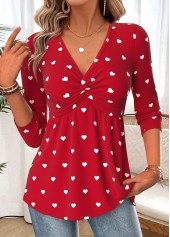 Red Patchwork Heart Print Long Sleeve T Shirt