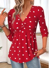 Red Patchwork Heart Print Long Sleeve T Shirt | thumb picture 
