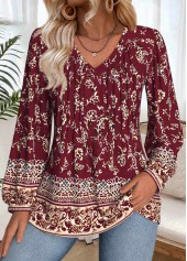 Wine Red Tummy Coverage Tribal Print Long Sleeve Blouse