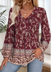 Wine Red Tummy Coverage Tribal Print Long Sleeve Blouse | thumb picture 