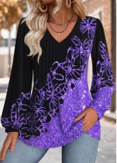 Purple Tummy Coverage Butterfly Print Long Sleeve Blouse