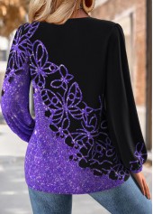 Purple Tummy Coverage Butterfly Print Long Sleeve Blouse | thumb picture 