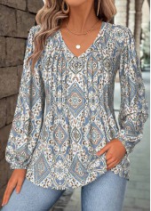 Dusty Blue Tummy Coverage Tribal Print Long Sleeve Blouse