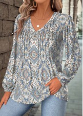 Dusty Blue Tummy Coverage Tribal Print Long Sleeve Blouse | thumb picture 