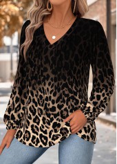 Black Tummy Coverage Leopard Long Sleeve V Neck Blouse | thumb picture 