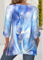 Blue Patchwork Ombre 3/4 Sleeve Split Neck Blouse | thumb picture 
