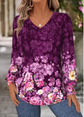 Purple Tuck Stitch Floral Print Long Sleeve T Shirt
