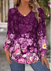 Purple Tuck Stitch Floral Print Long Sleeve T Shirt | thumb picture 