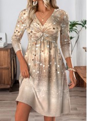 Champagne Tummy Control Short Long Sleeve V Neck Dress