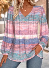 Pink Tummy Coverage Striped Long Sleeve V Neck Blouse