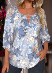 Dusty Blue Tummy Coverage Floral Print 3/4 Sleeve Blouse | thumb picture 