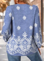 Denim Blue Curved Hem Feathers Print Long Sleeve Blouse | thumb picture 