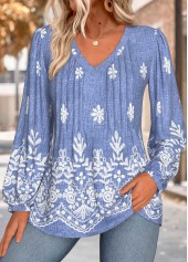 Denim Blue Curved Hem Feathers Print Long Sleeve Blouse